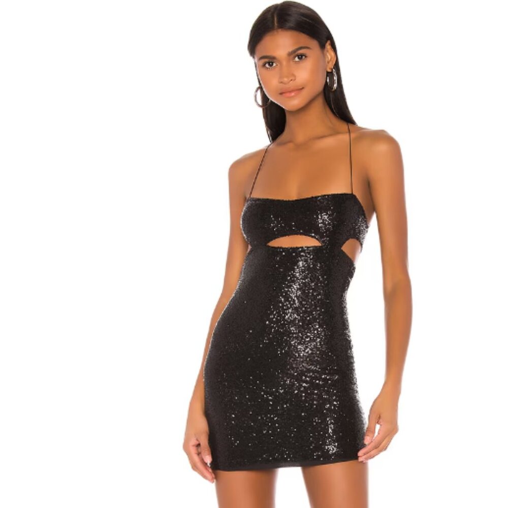 Superdown x Revolve Black Sequin Mini Bodycon Dress Strappy Cutout